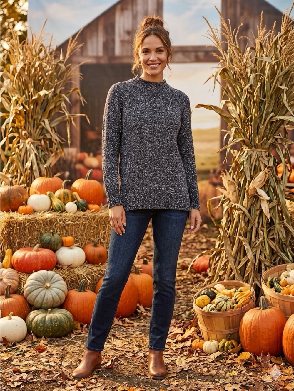 LOFT Black & White Marled Crewneck Pullover